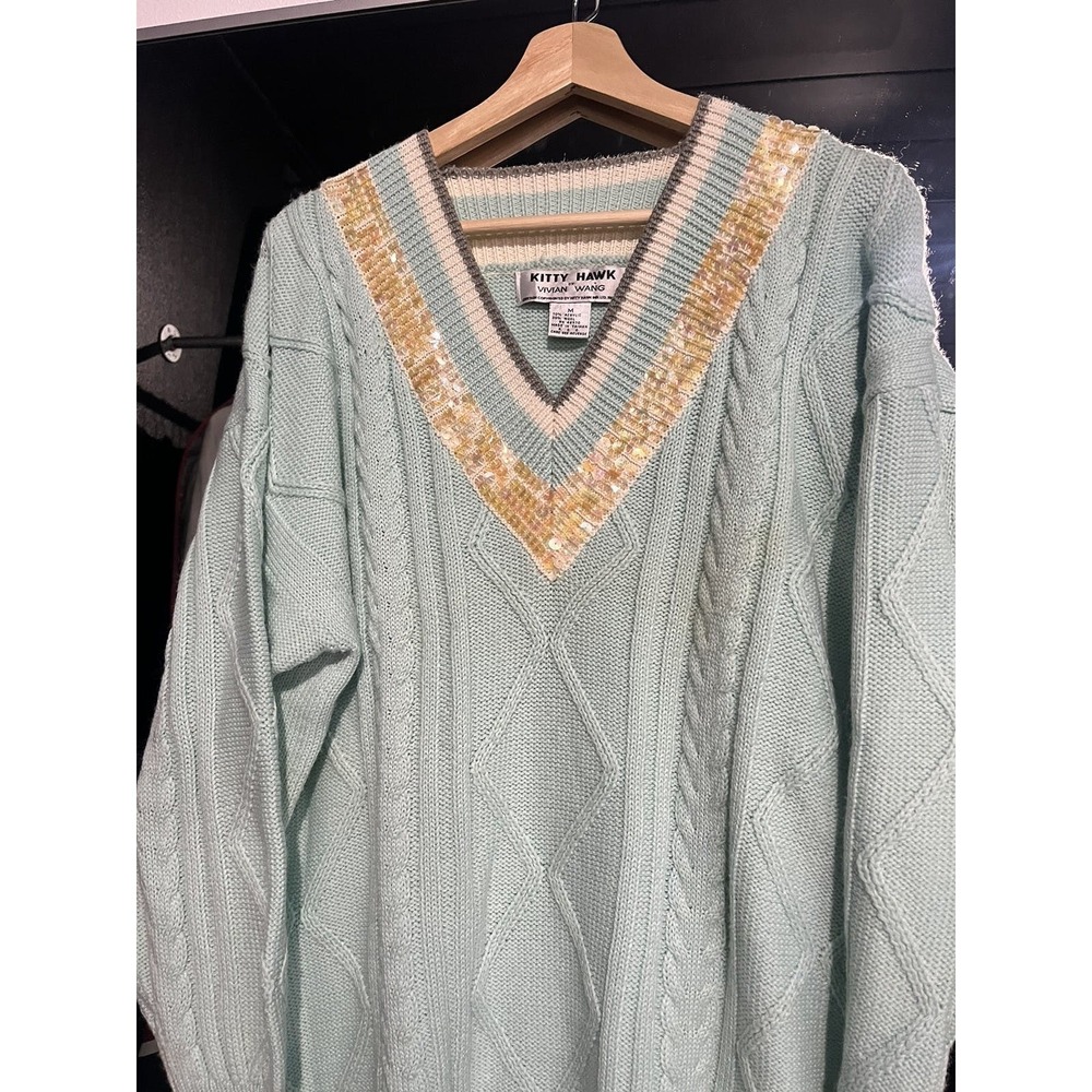 Vintage Kitty Hawk By Vivian Wang Cable V-Neck Knit Acrylic Wool Sweater Medium